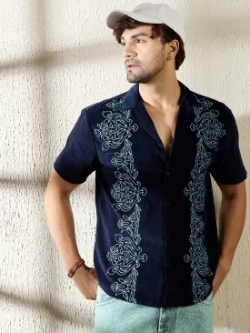 Navy Baroque Embroidered Cuban Corduroy Shirt