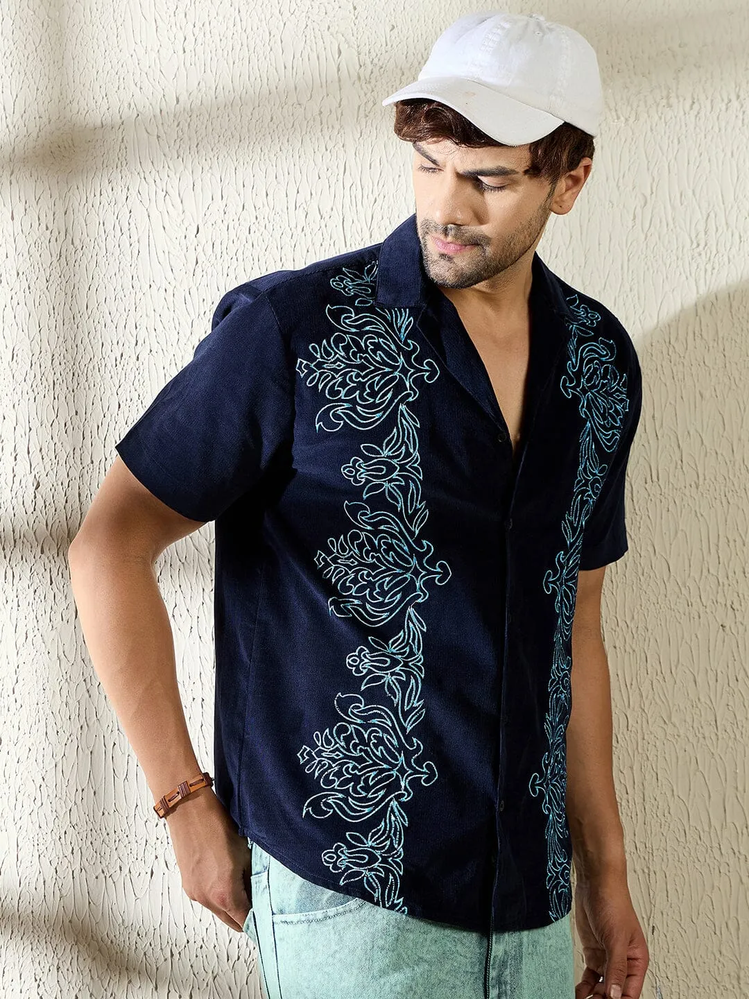 Navy Baroque Embroidered Cuban Corduroy Shirt