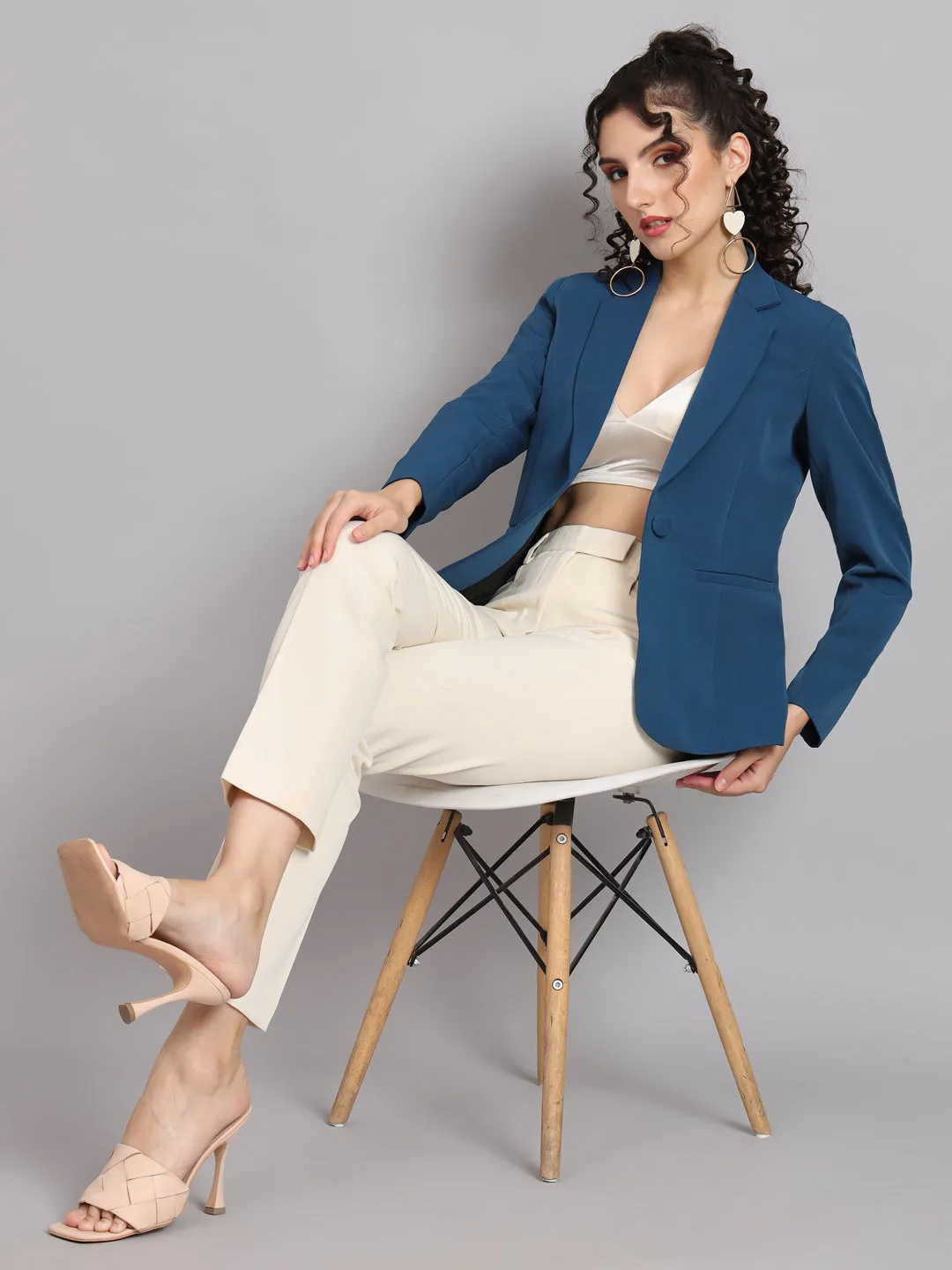 Notched Collar Polyester Blazer - Teal Blue