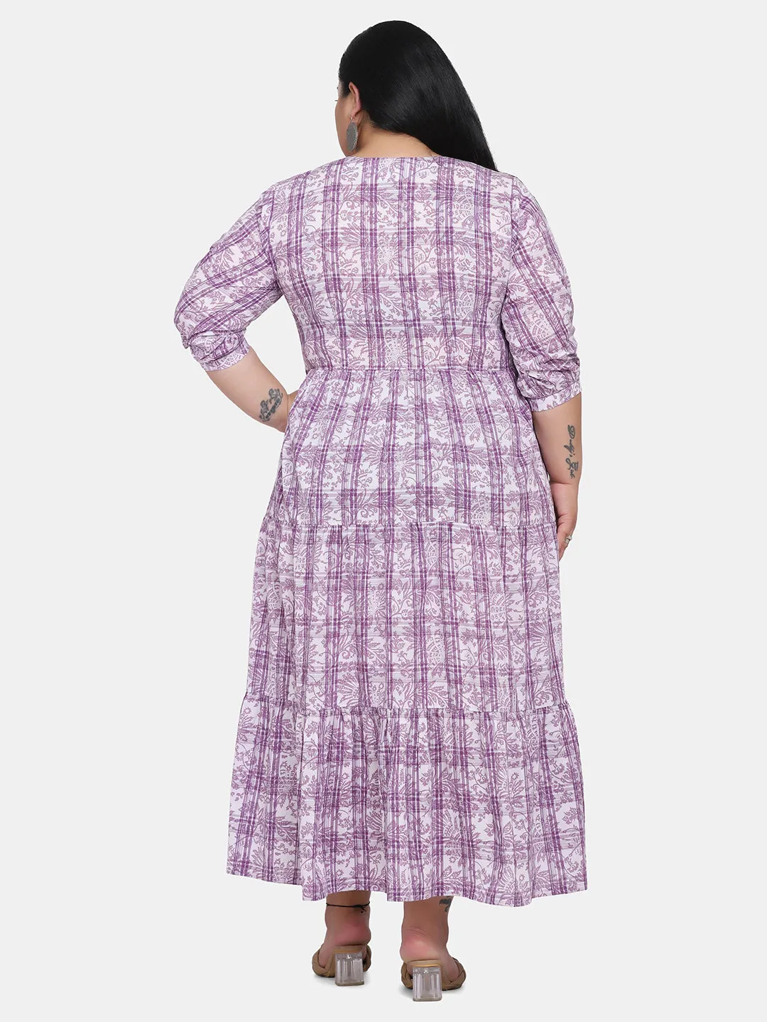 Print Tiered Long Cotton Dress - Purple