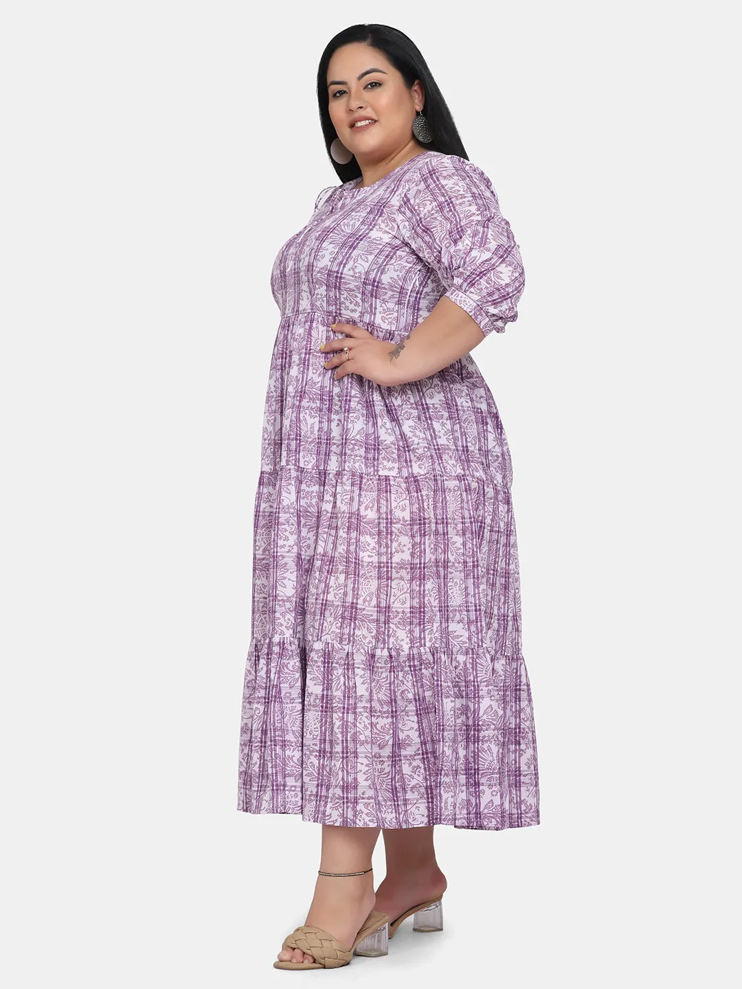 Print Tiered Long Cotton Dress - Purple