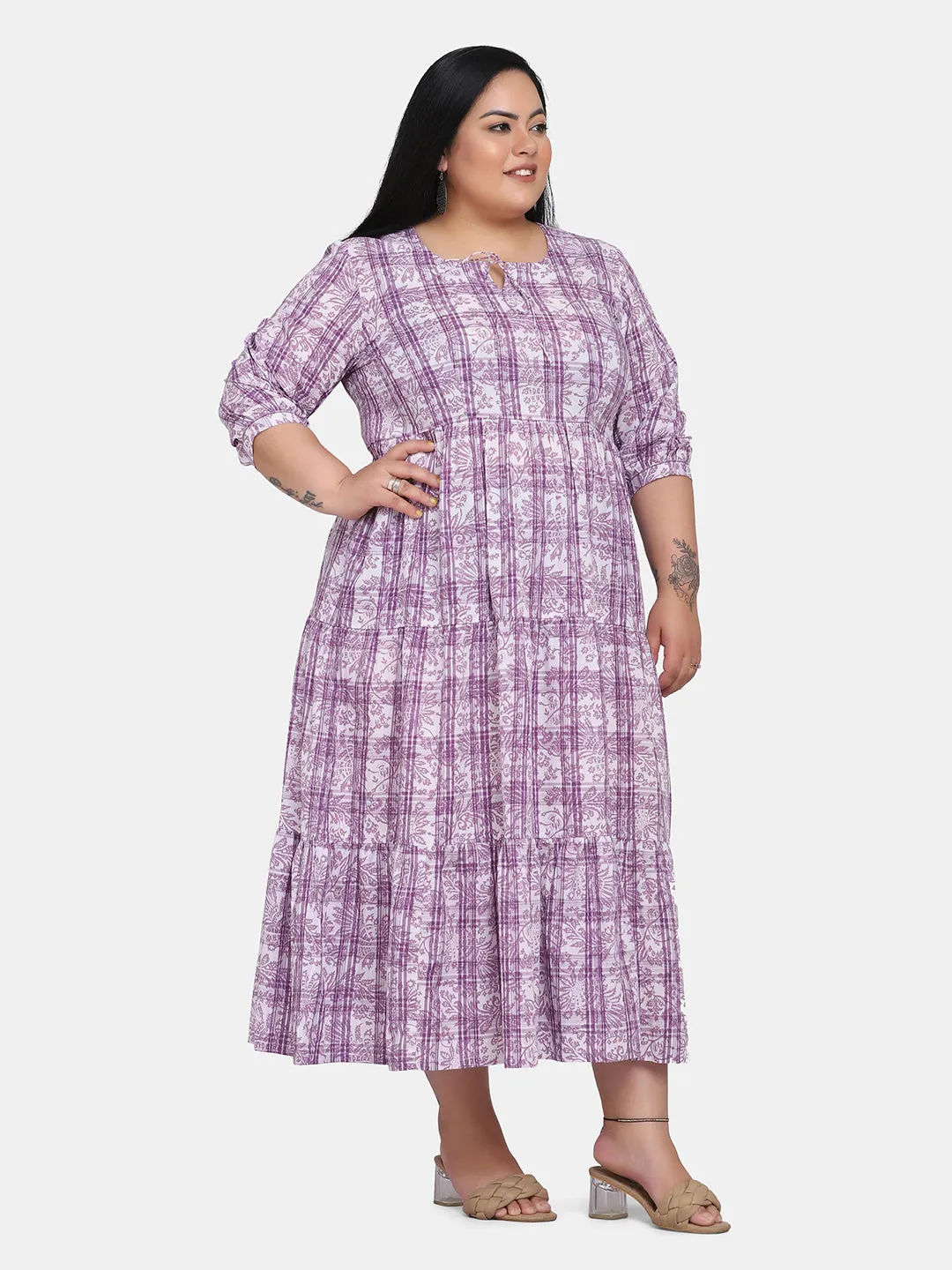 Print Tiered Long Cotton Dress - Purple