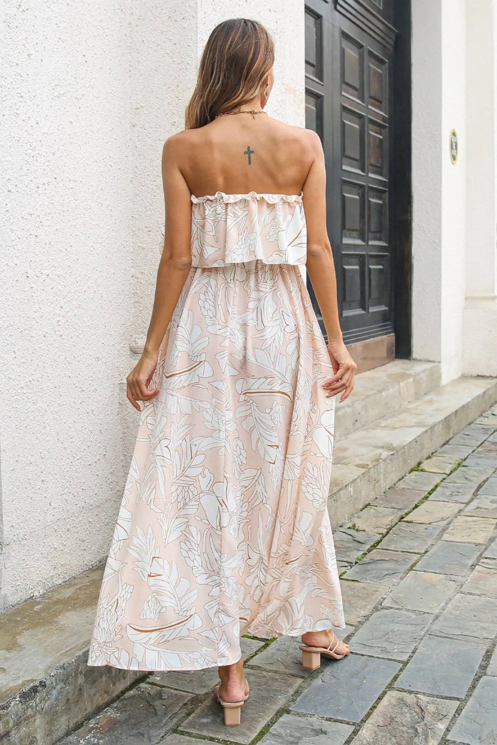 Printed Frill Trim Layered Strapless Maxi Dress