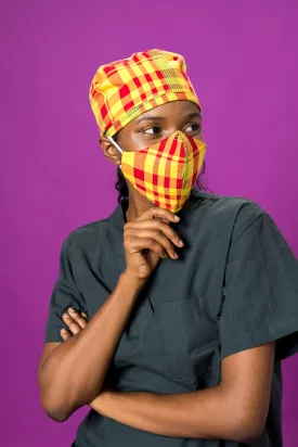 Red and Yellow Madras Surgical Cap and Facemask for Healthcare Professionals