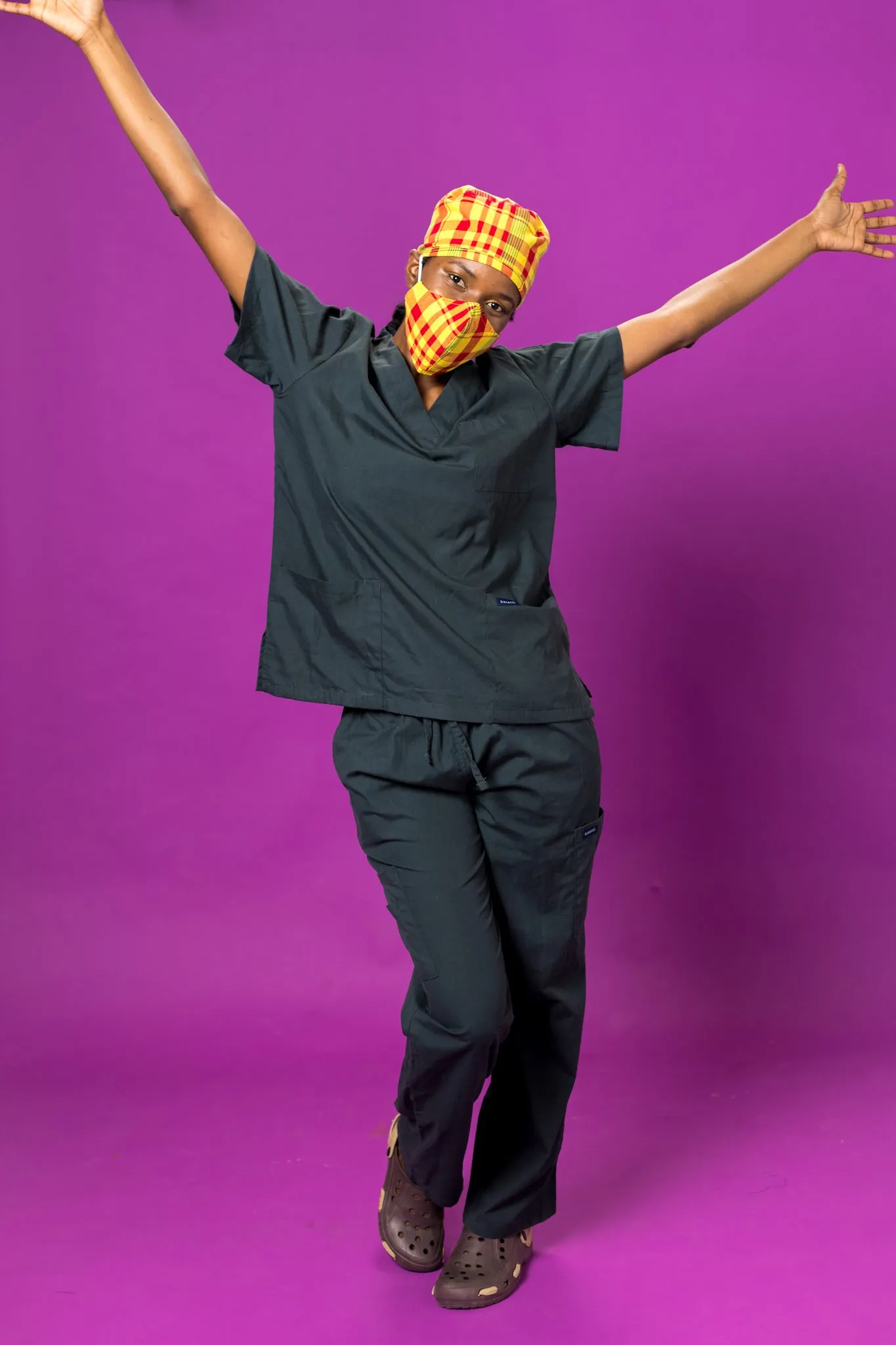 Red and Yellow Madras Surgical Cap and Facemask for Healthcare Professionals