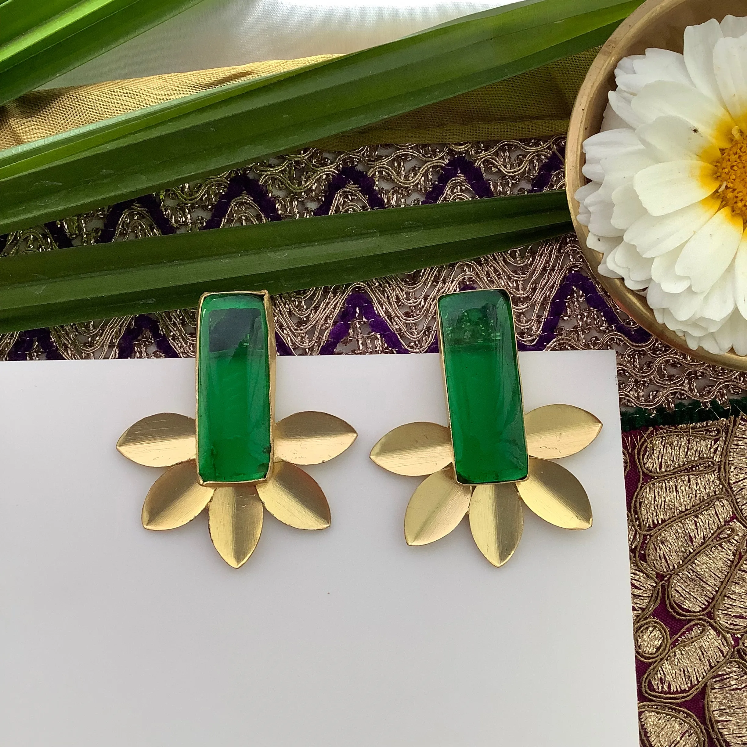 Salvanity Brass Gold 18 CT plated Earrings - वृक्ष (The Tree) Green