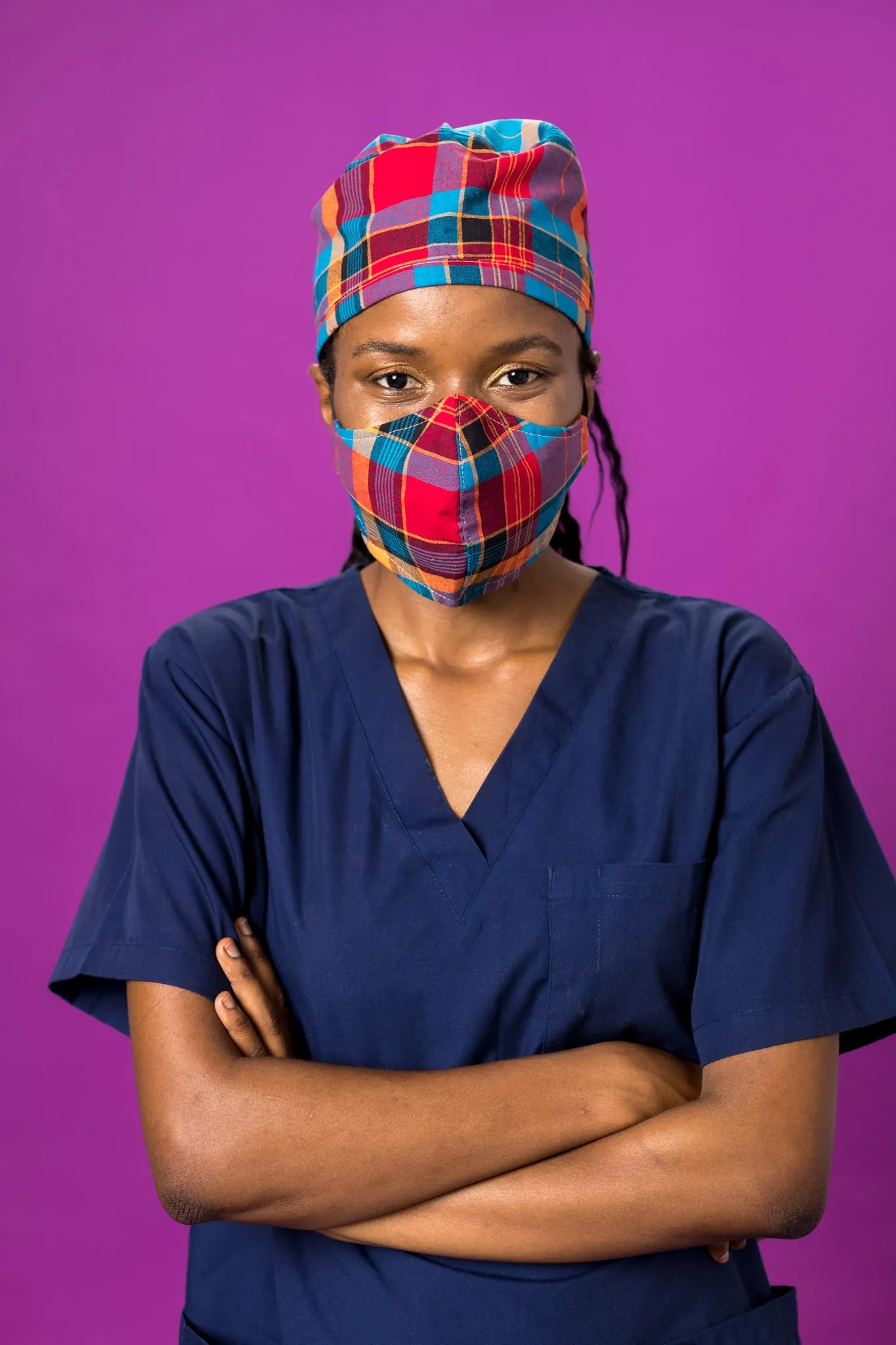 Shades of Blue Madras Surgical Cap and Facemask for Healthcare Professionals