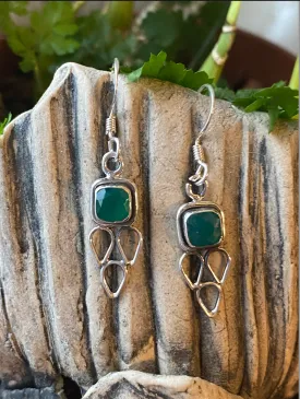 Solid Silver Green Onyx Drop Earrings with Triple Triangle Detail