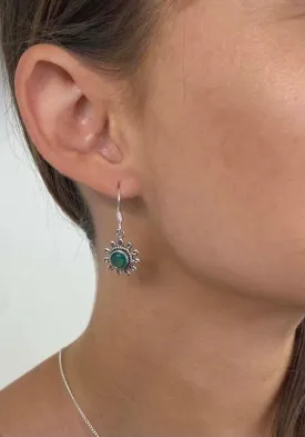 Solid Silver Green Onyx Flower Drop Earrings