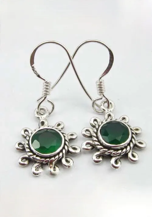 Solid Silver Green Onyx Flower Drop Earrings