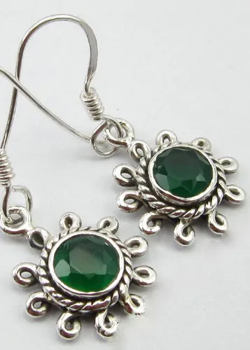 Solid Silver Green Onyx Flower Drop Earrings