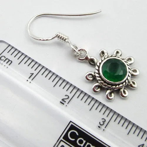 Solid Silver Green Onyx Flower Drop Earrings