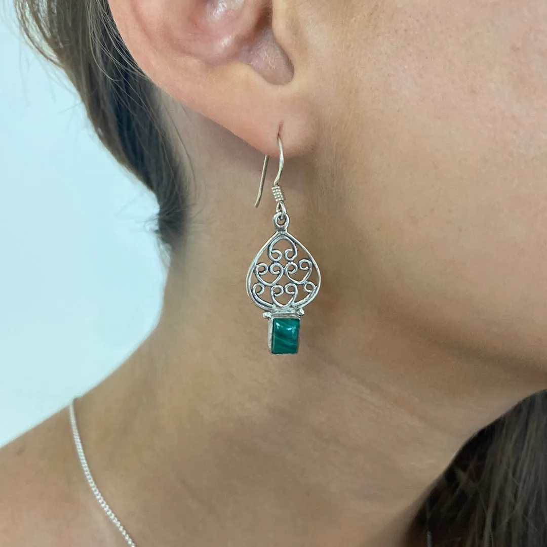 Solid Silver Malachite Moroccan Style Drop Earrings