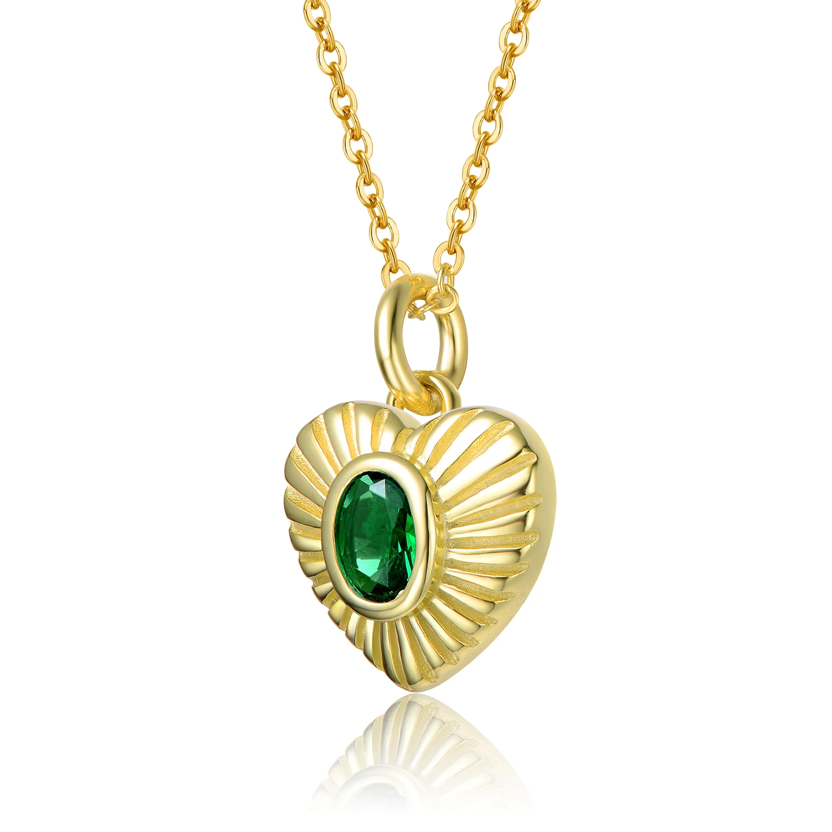 Sterling Silver 14k Yellow Gold Plated with Emerald Cubic Zirconia Sunray Heart Stud Pendant Necklace