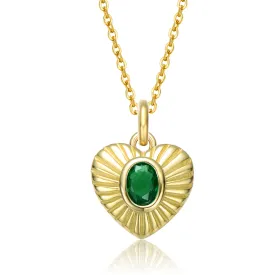 Sterling Silver 14k Yellow Gold Plated with Emerald Cubic Zirconia Sunray Heart Stud Pendant Necklace