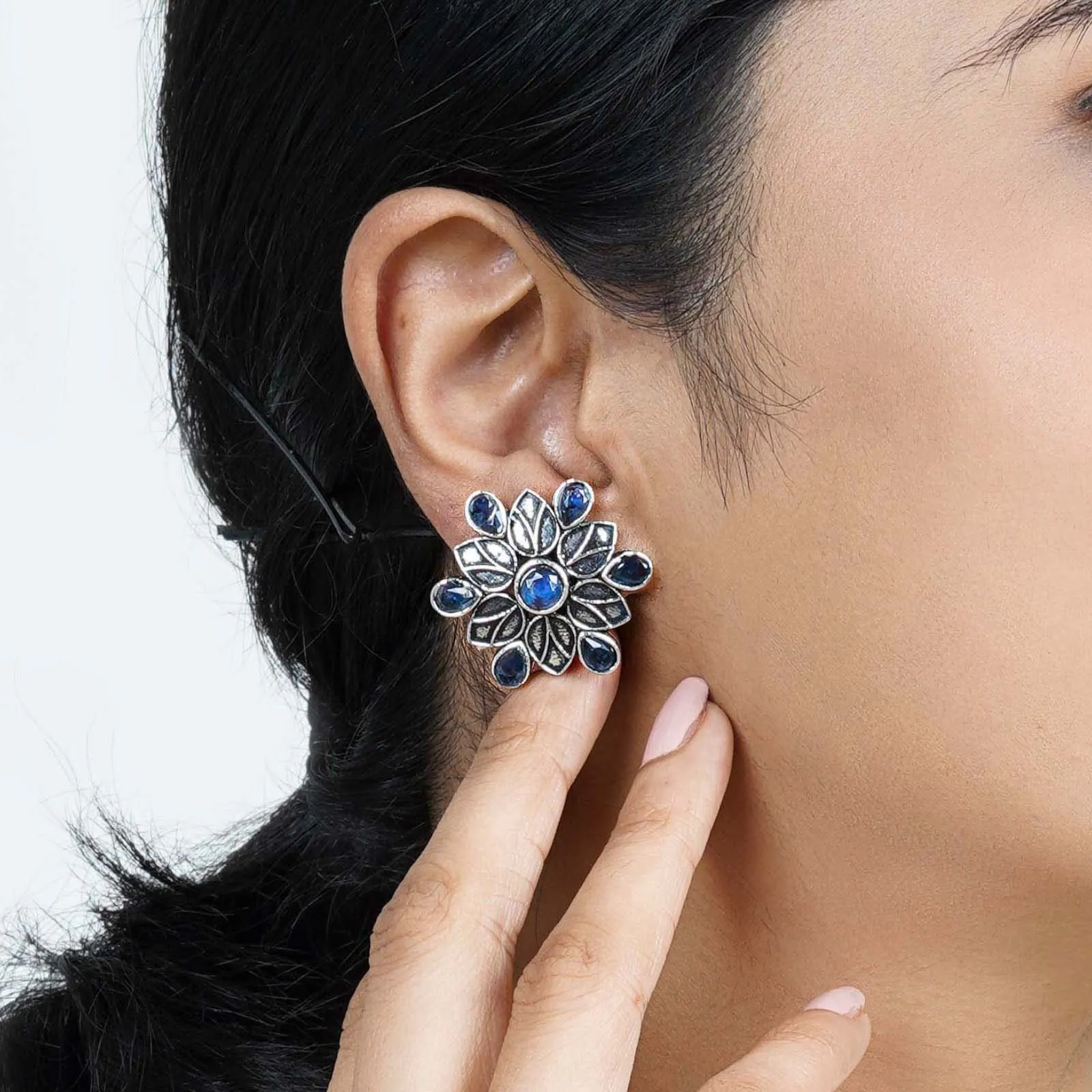 Teejh Aashini Blue Stone Silver Oxidised Earring