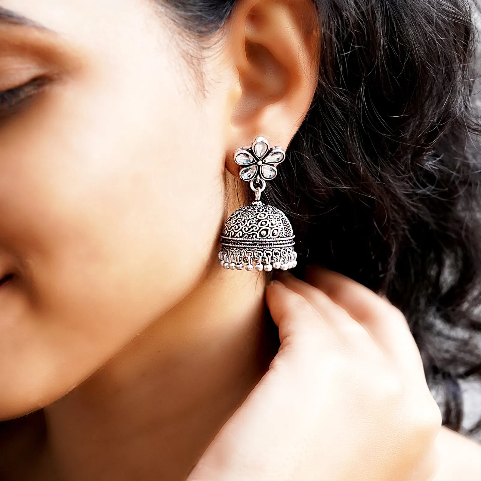 Teejh Floret Polki Silver Oxidized Pearl Jhumki Earrings