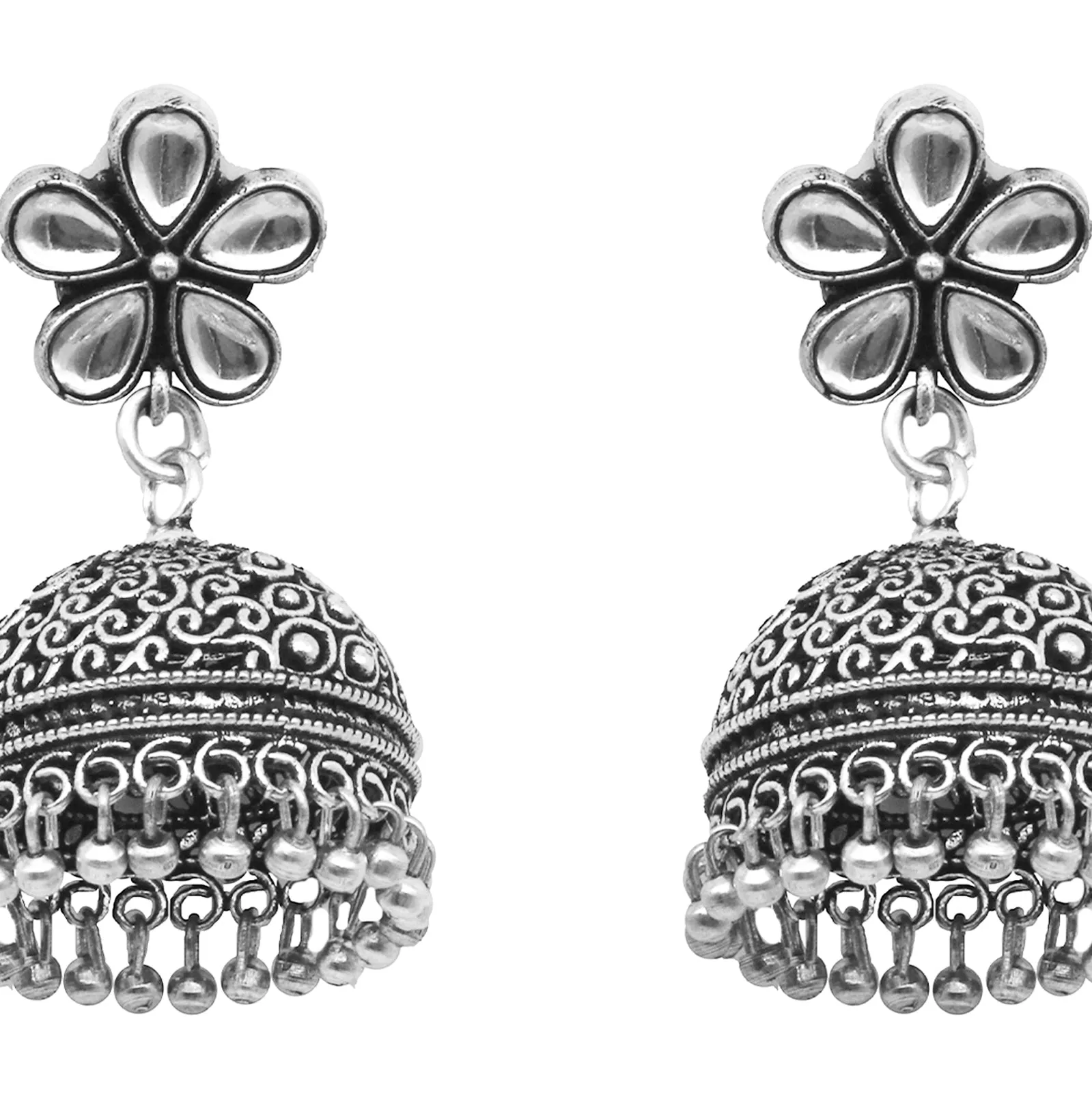 Teejh Floret Polki Silver Oxidized Pearl Jhumki Earrings