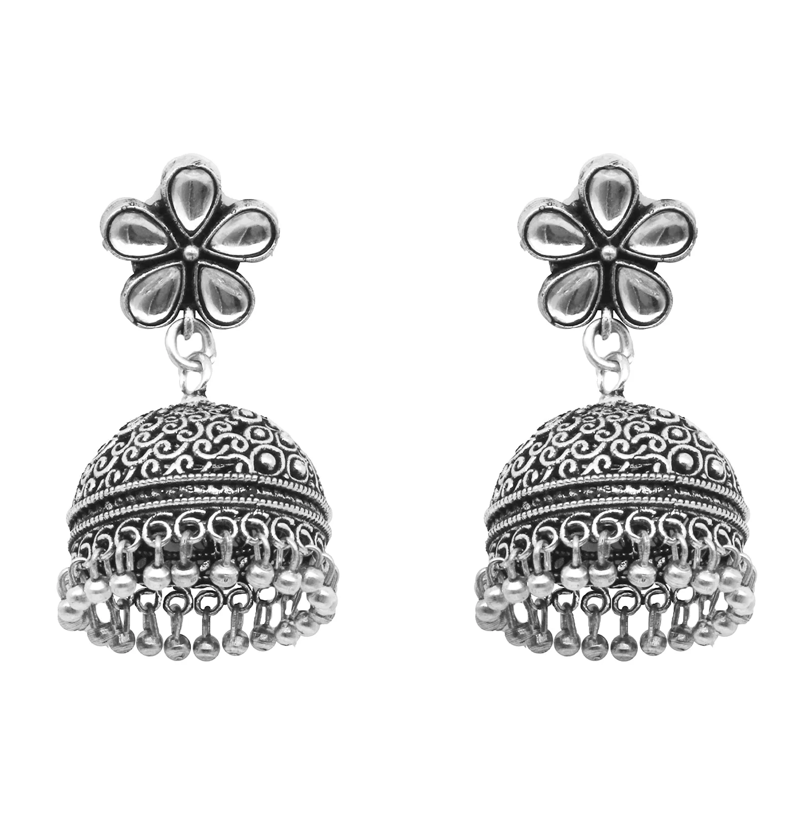 Teejh Floret Polki Silver Oxidized Pearl Jhumki Earrings