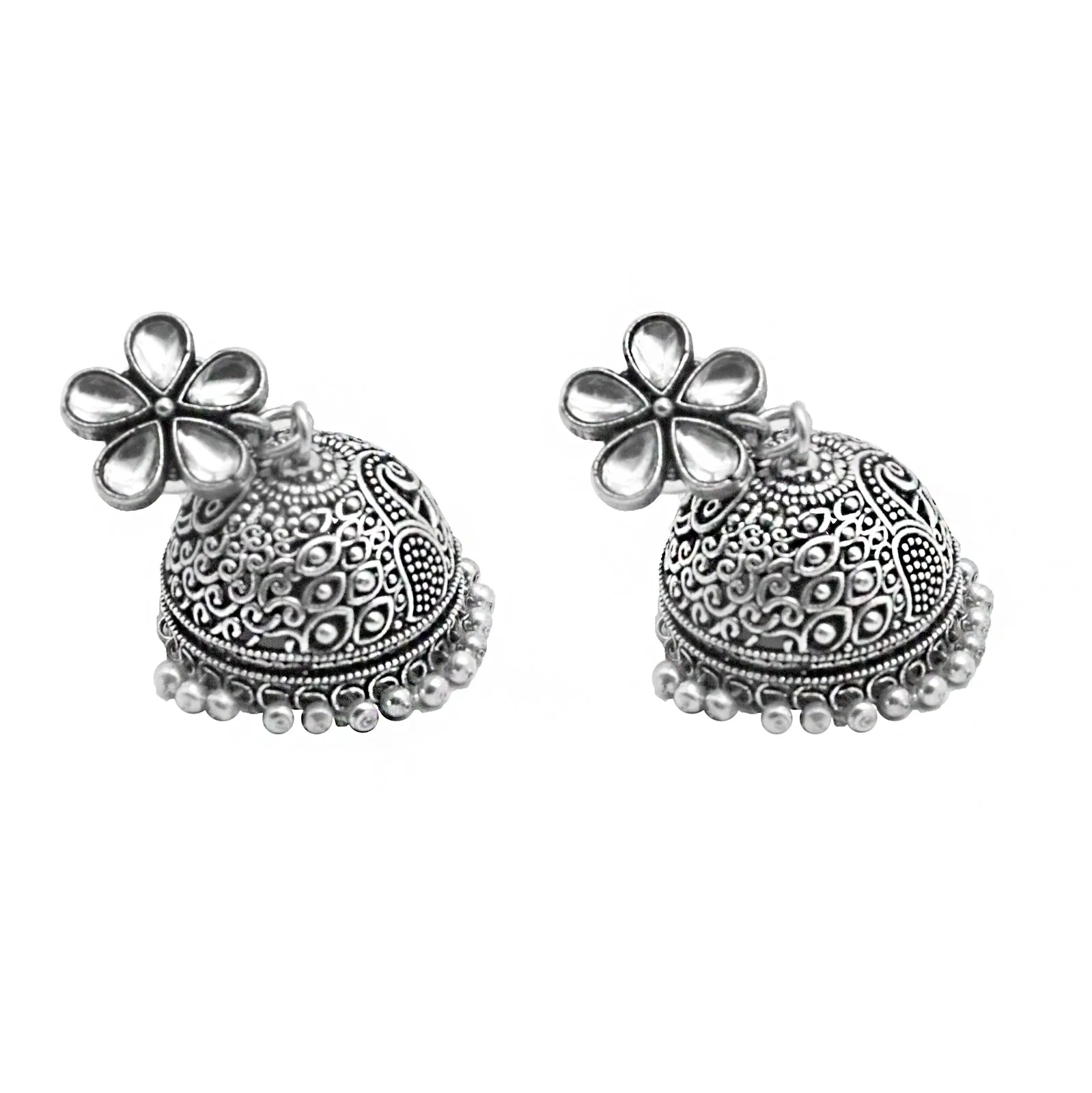 Teejh Floret Polki Silver Oxidized Pearl Jhumki Earrings