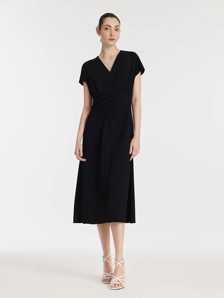 Triacetate V-Neck Ruched Women Midi Dress