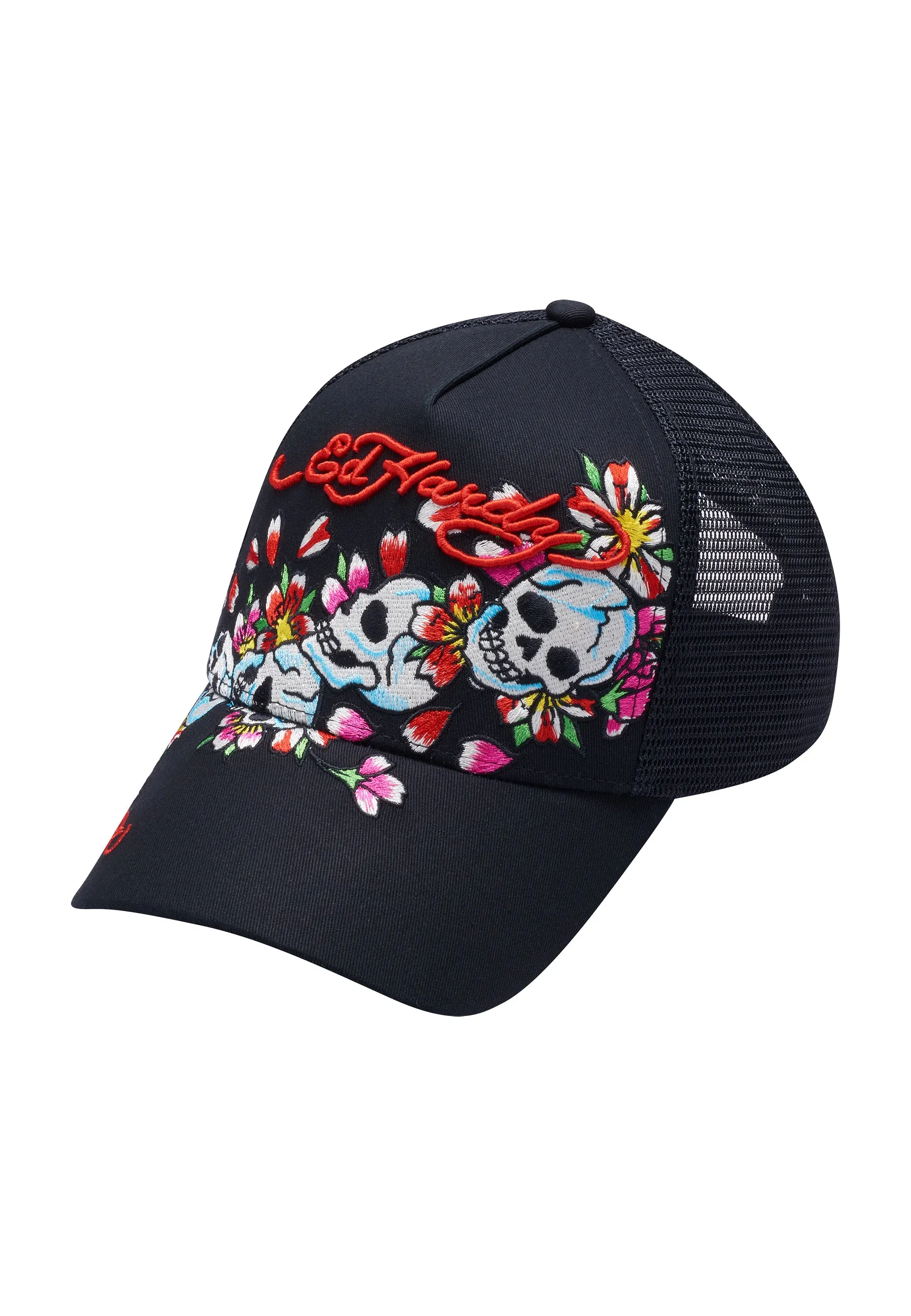 Unisex Skull-Blossom Twill Front Mesh Trucker - Black