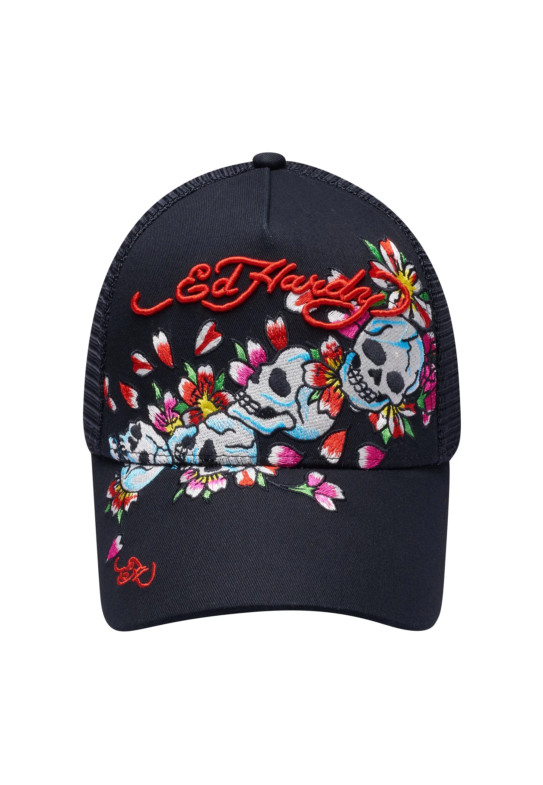 Unisex Skull-Blossom Twill Front Mesh Trucker - Black