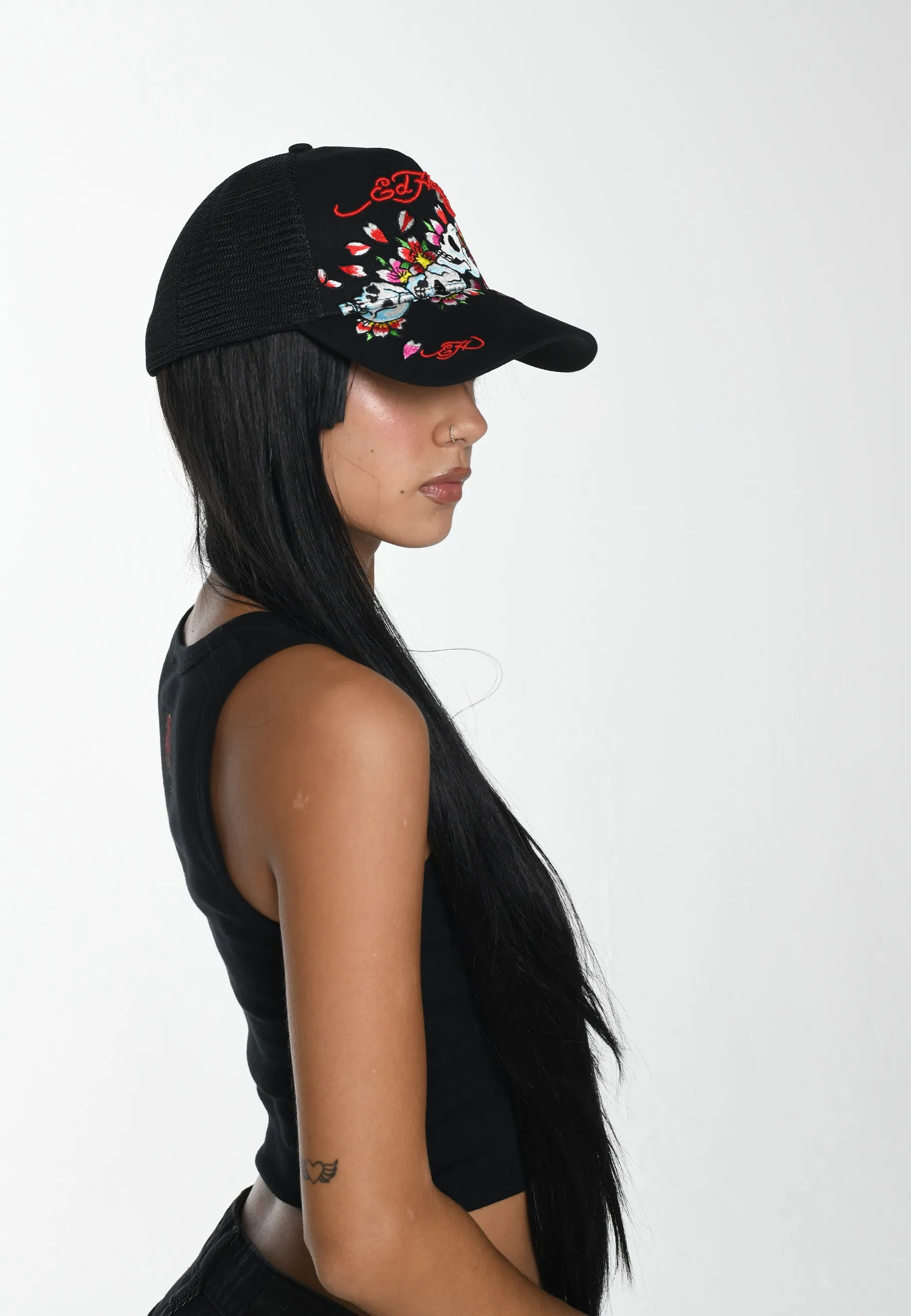 Unisex Skull-Blossom Twill Front Mesh Trucker - Black