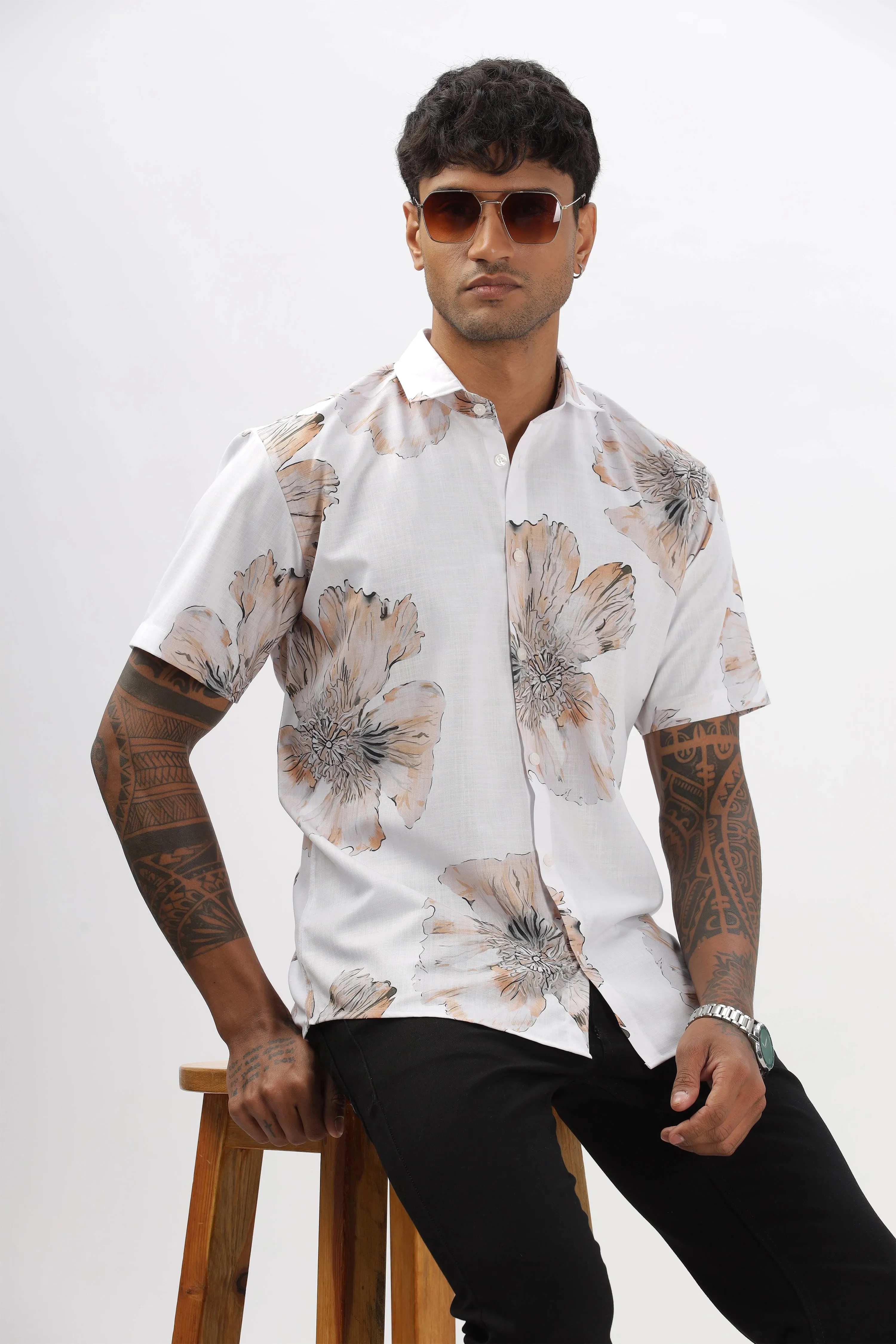 White big flower printed shirt