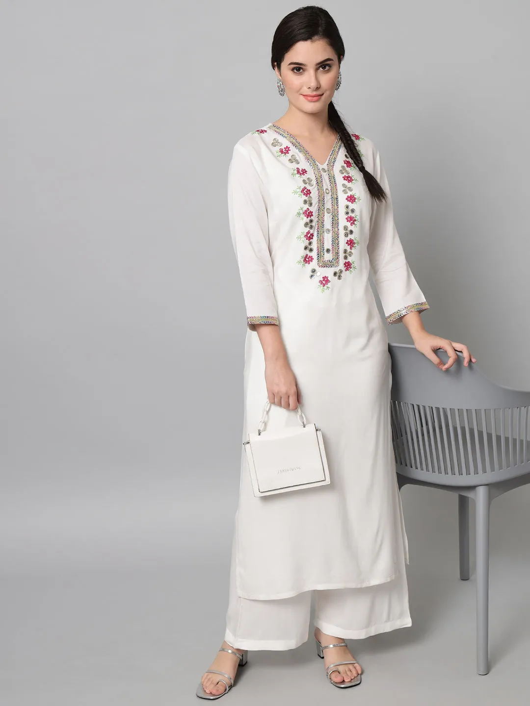 Women Embroidered White Kurta Palazzo Set